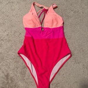 Stylish Pink and Red One Piece Swimsuit